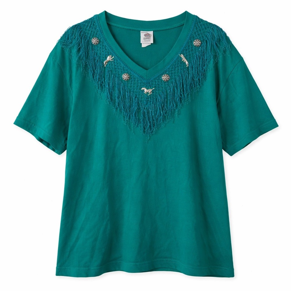 Vtg Cesucci Teal Fringe Western T-Shirt Silver Horse Charms Conchos USA Made‎ 2X